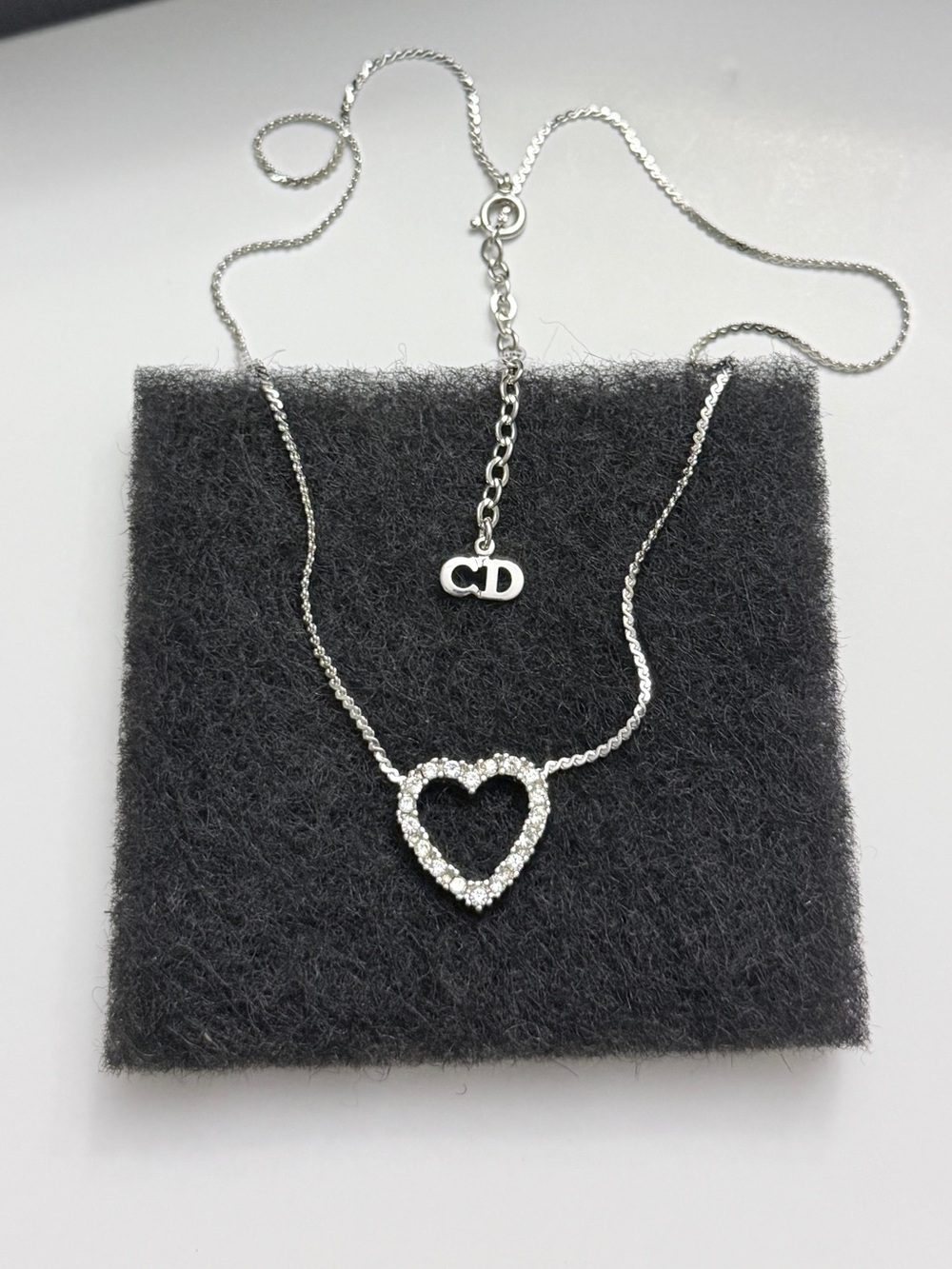 Vintage Christian Dior Rhinestone Open Heart Pendant Necklace Silver CD Logo